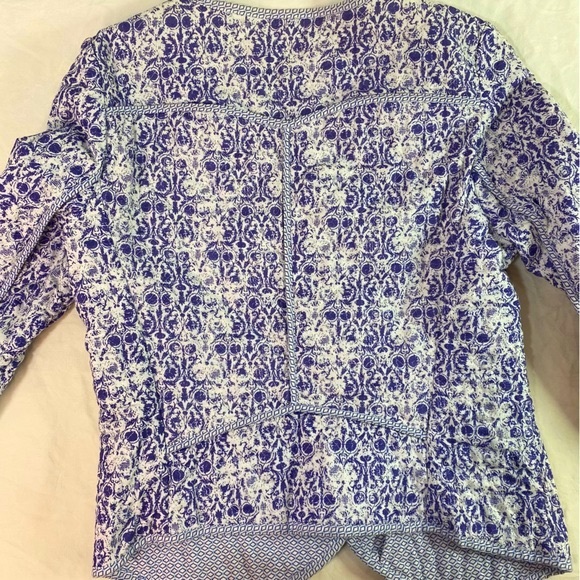 Zara Fitted Jacket Sz M Blue & White Zip Up piping  sweetheart Neck & Pockets - Picture 5 of 11